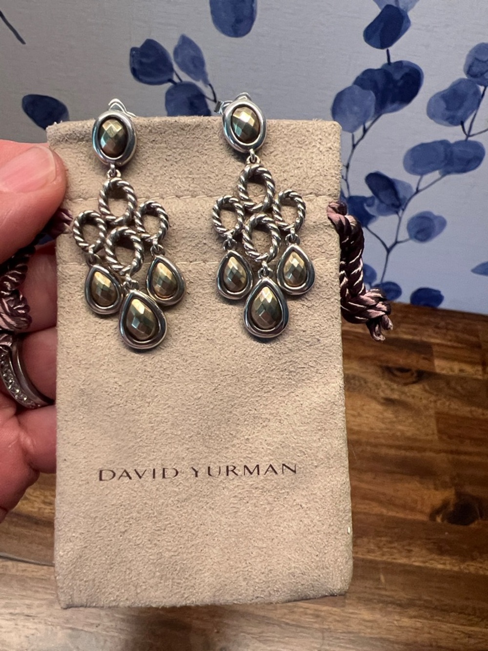 David Yurman silver and gold chandelier dangle drop earrings